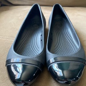 Crocs Patent Cap Toe Black Slip On Ballet Flats Shoes 12300